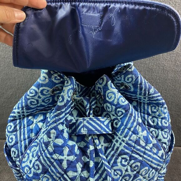 Vera Bradley Cuban Tiles Cotton Backpack Medium Blue Turquoise Straps 14"x12"x5" - Picture 8 of 14